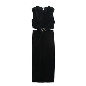 Zara Black Velvet Midi Dress with Cutout Detail & gold accent (small)